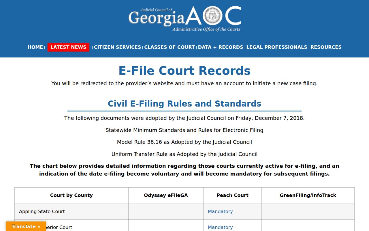 Georgia e-filing provider chart showing Warren Superior Court