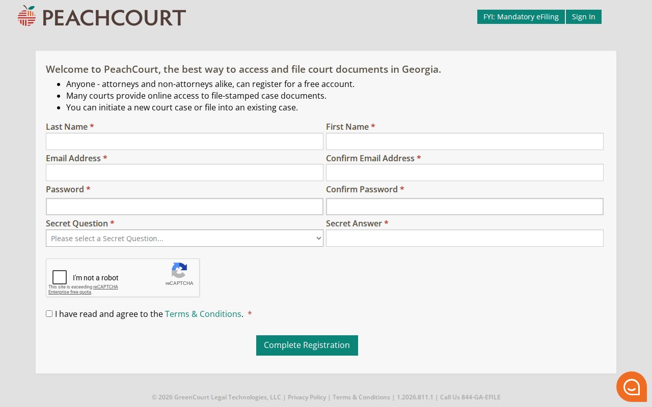 PeachCourt account registration route for Warren civil filing access