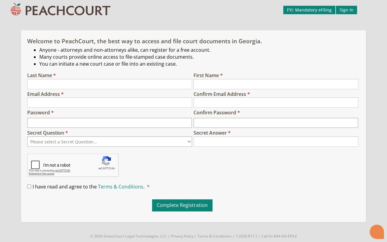 PeachCourt registration page with account fields for civil e-filing