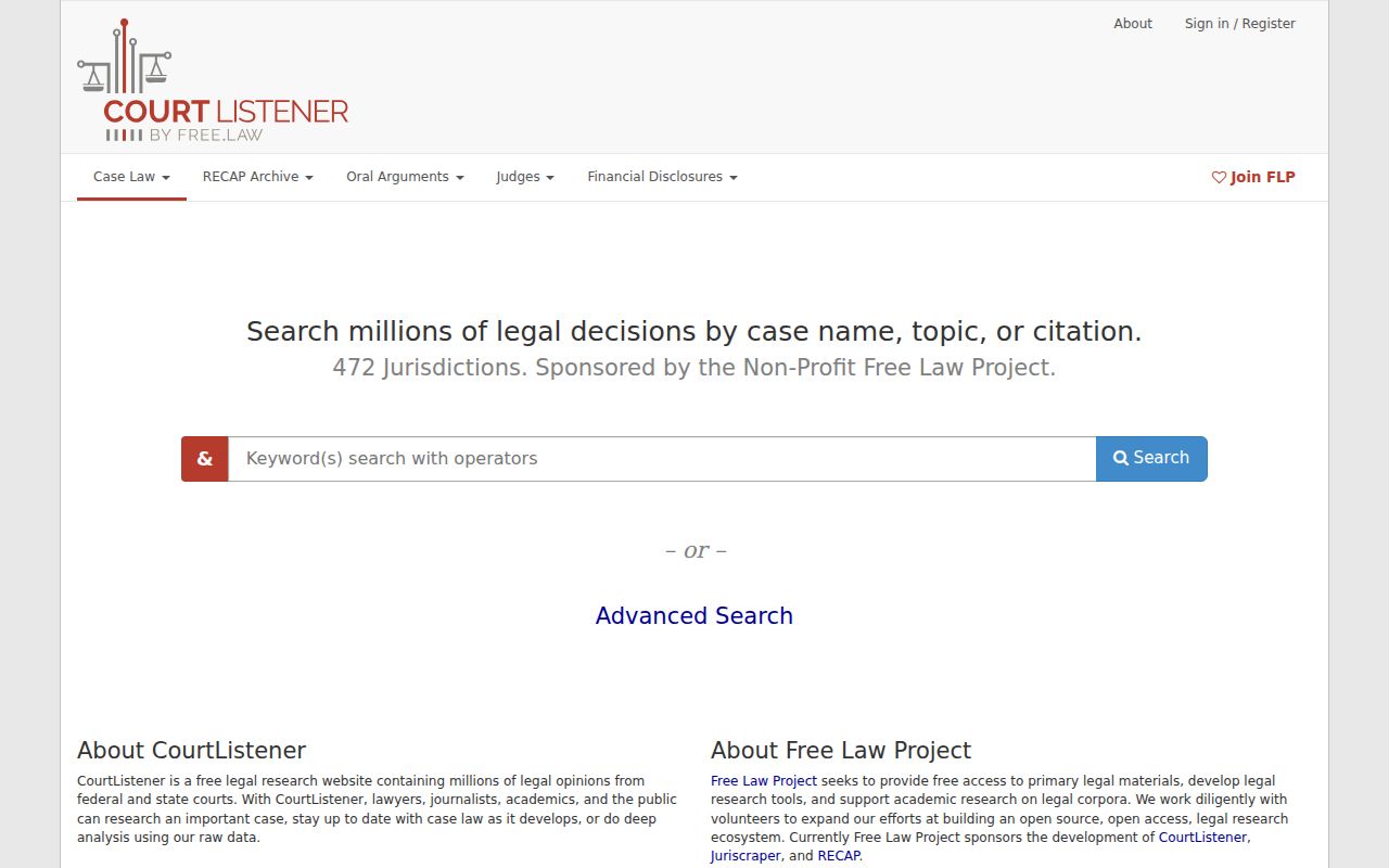 CourtListener federal opinion and docket search homepage