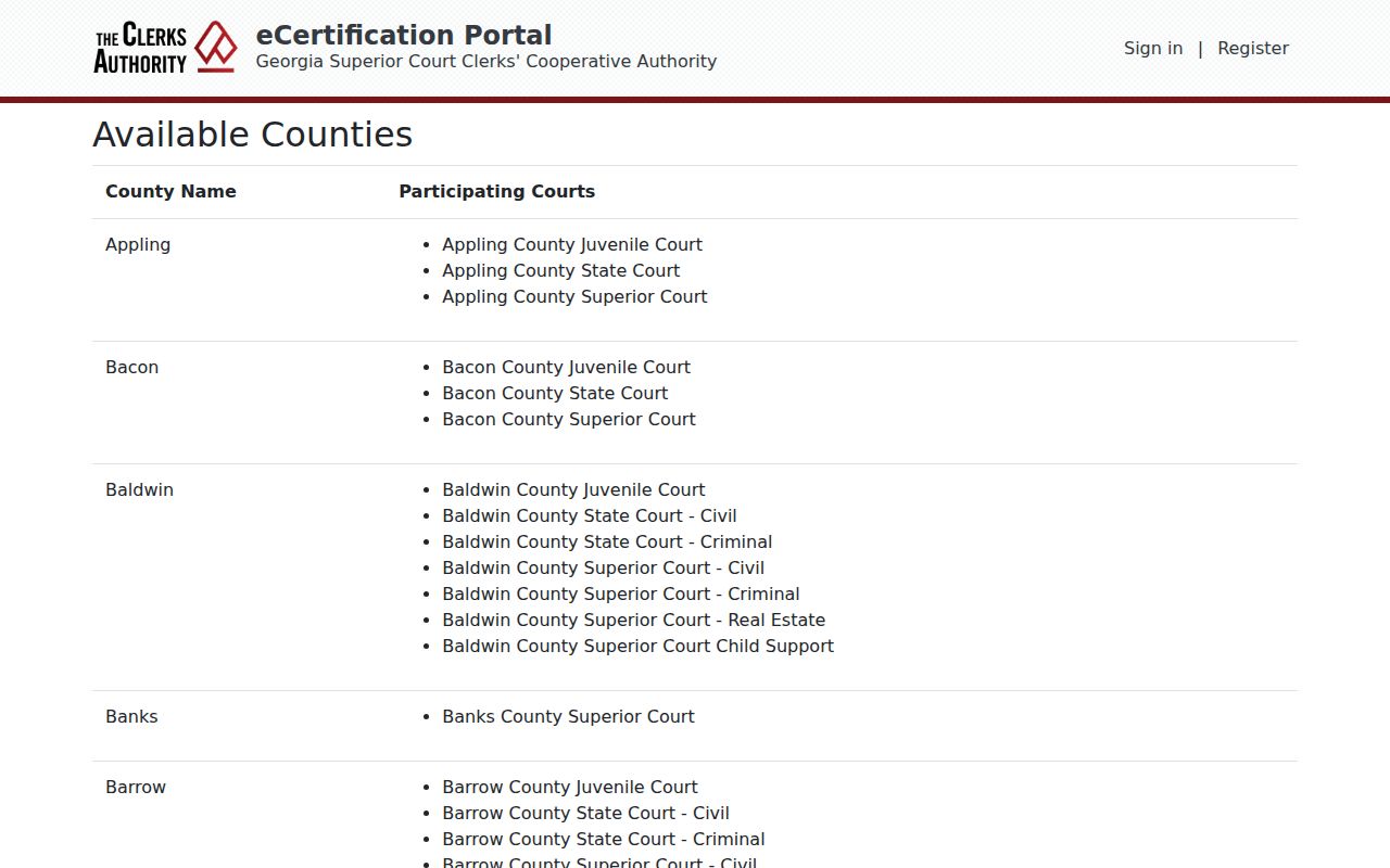 GSCCCA eCertification list showing Warren Superior and Juvenile courts