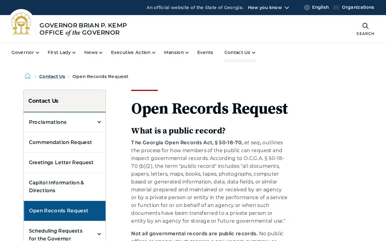Georgia state open-records request form with contact and request fields