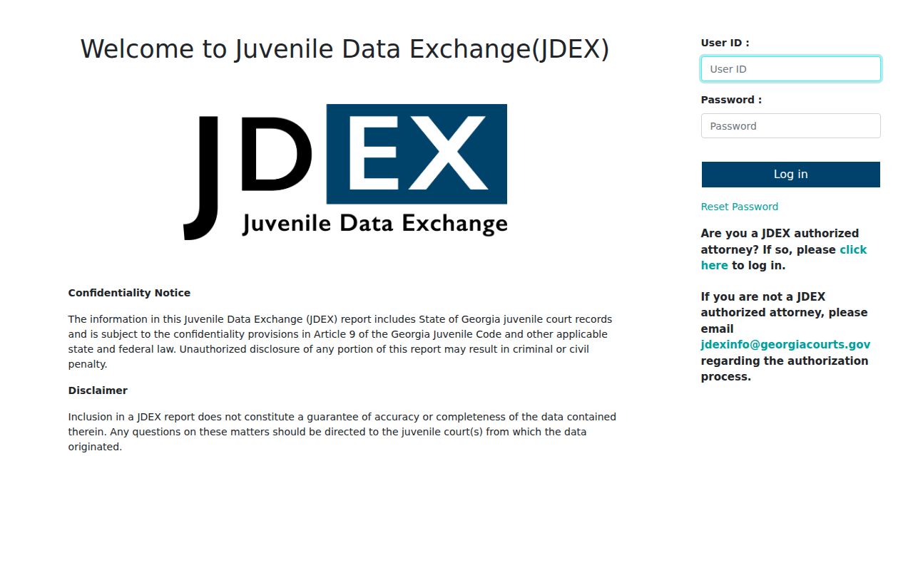Georgia JDEX authorized data login and confidentiality notice
