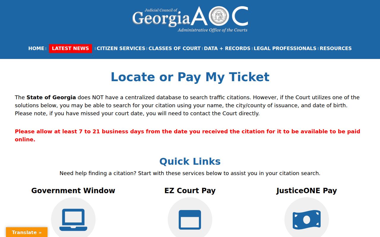 Georgia Courts guide explaining how to locate or pay a traffic ticket