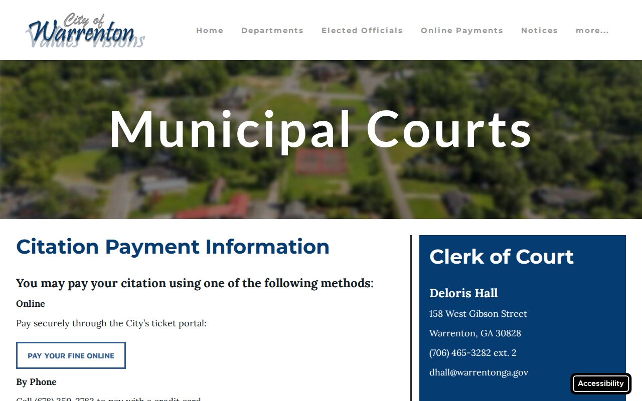 Warrenton Municipal Court page with citation and court contact information