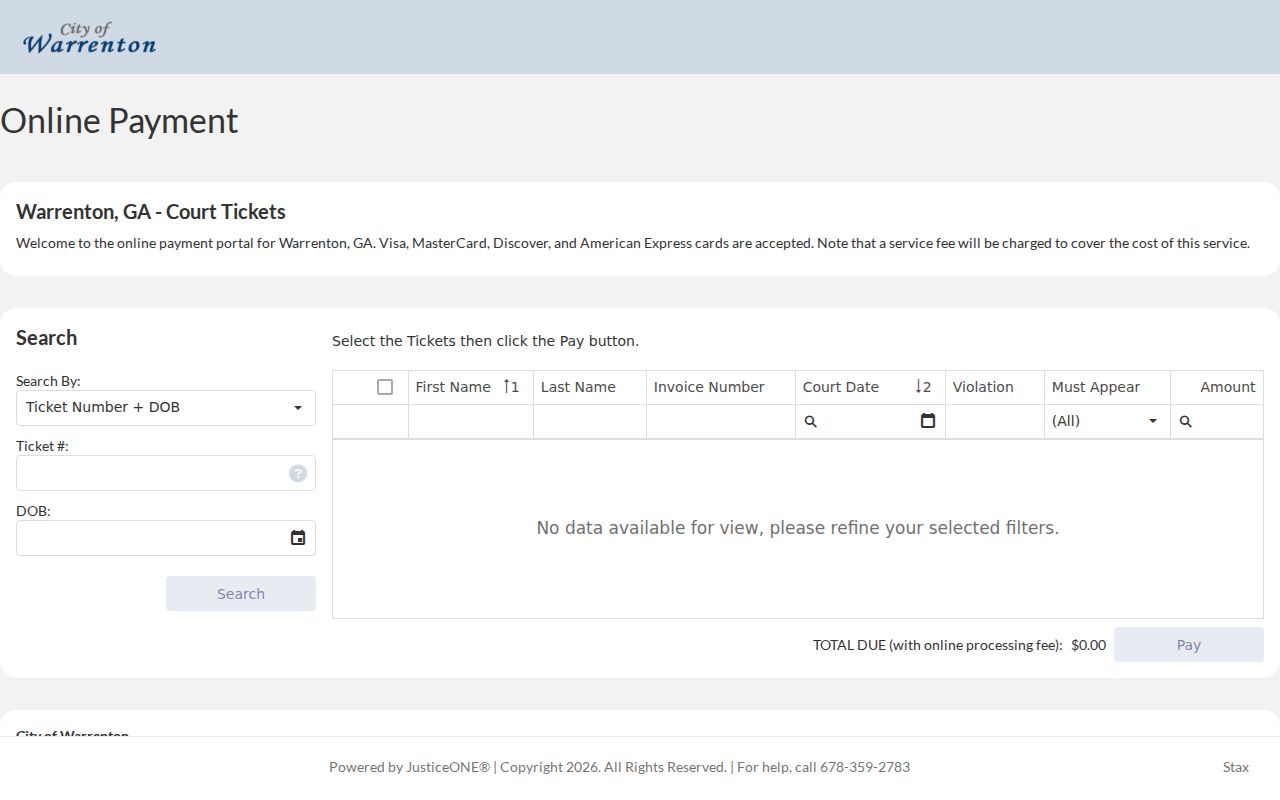 Warrenton JusticeONE traffic citation search portal