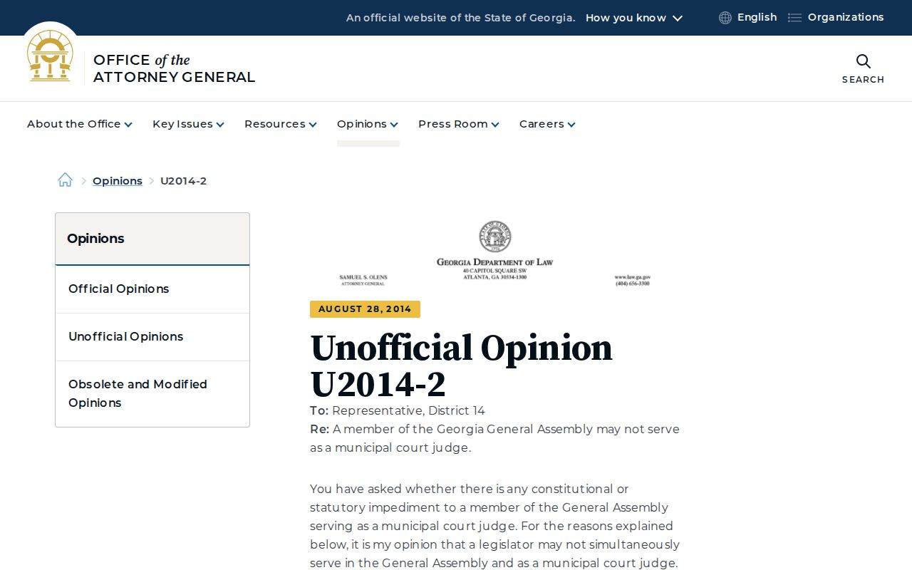 Georgia Attorney General municipal court authority opinion